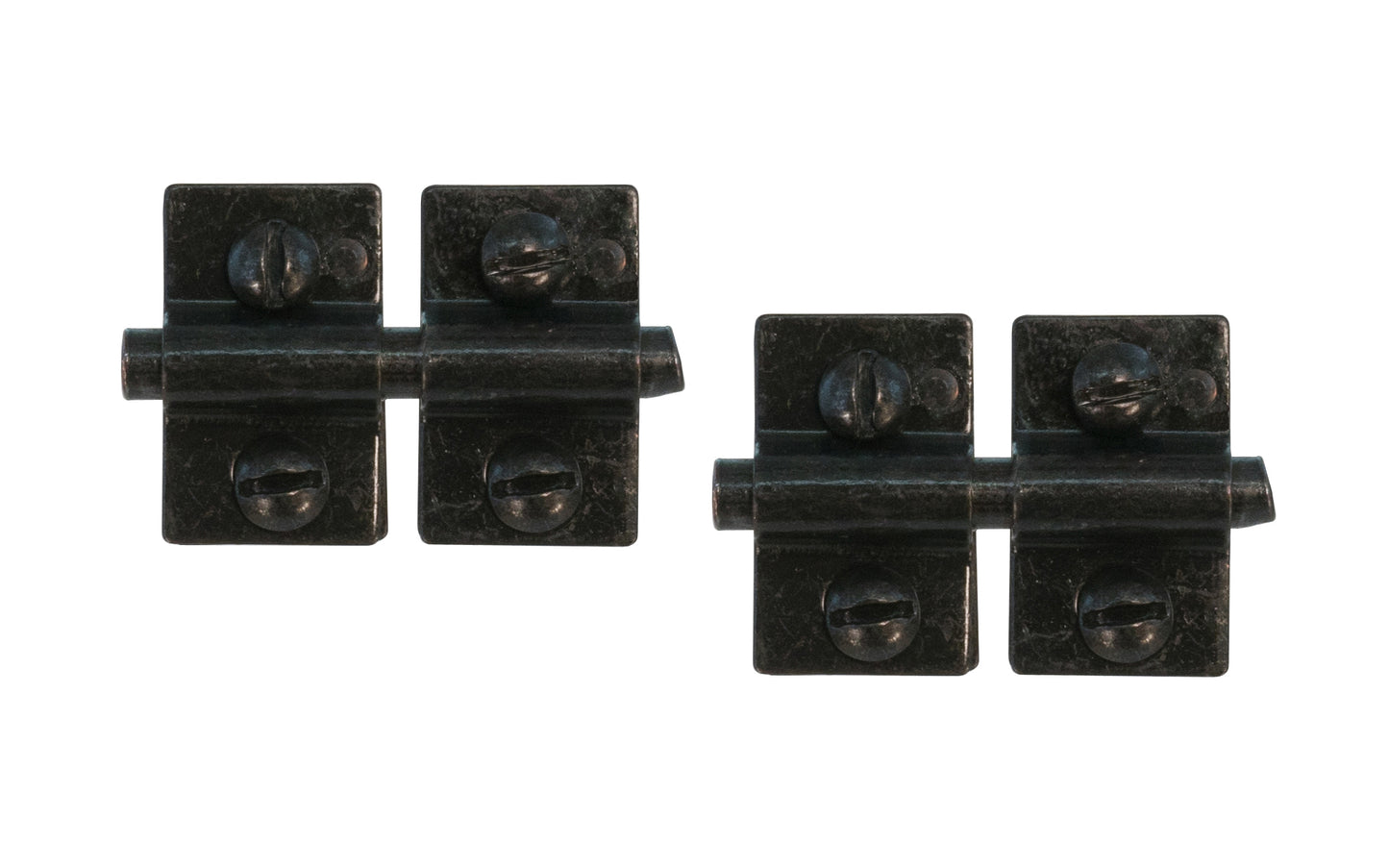 These Friction Hinges for Mirrors are traditional mirror mounting friction hinges for dressers with mirrors. Friction is adjusted by tightening the screws on the brackets. Sold in pairs. Each bracket is 3/4″ x 1-1/4″, pin is 2" long. Made of steel material with a plated finish. Friction hinges for dresser mirrors. Pair. Flat Black Finish