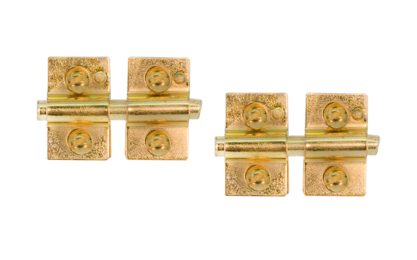 These Friction Hinges for Mirrors are traditional mirror mounting friction hinges for dressers with mirrors. Friction is adjusted by tightening the screws on the brackets. Sold in pairs. Each bracket is 3/4″ x 1-1/4″, pin is 2" long. Made of steel material with a plated finish. Friction hinges for dresser mirrors. Pair. Brass finish on steel