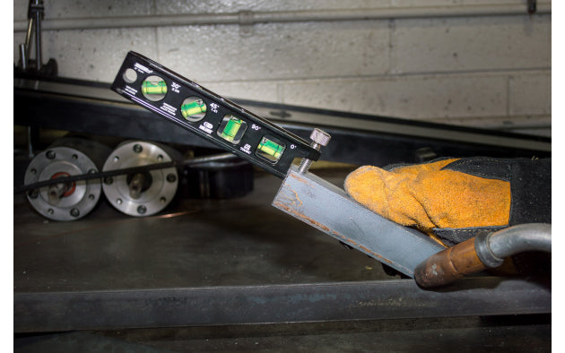 This Johnson 6" magnetic billet torpedo level accurately measures 0°, 30°, 45° & 90°. It features a solid billet aluminum frame for durability while its Powerful V-groove rare earth magnets hold to flat or round ferrous metal surfaces. This level also includes machined vial openings for an accurate reading every time.