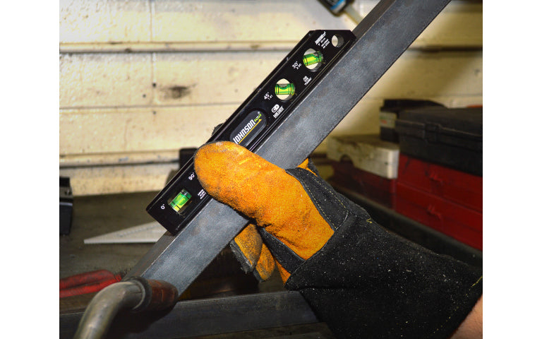 This Johnson 9" magnetic billet torpedo level accurately measures 0°, 30°, 45° & 90°. It features a solid billet aluminum frame for durability while its Powerful V-groove rare earth magnets hold to flat or round ferrous metal surfaces. This level also includes machined vial openings for an accurate reading every time.
