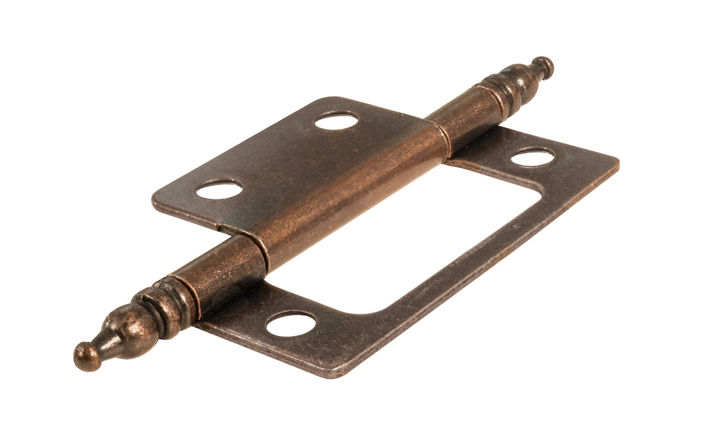 Traditional & classic 2" size non-mortise steeple-tip steel cabinet hinges. Surface mount & great for inset cabinet doors & bi-fold doors. These steeple tip finial hinges are designed in the early 20th century style / Arts and Crafts style of hardware. Antique copper finish on steel material. Two hinges in pack.