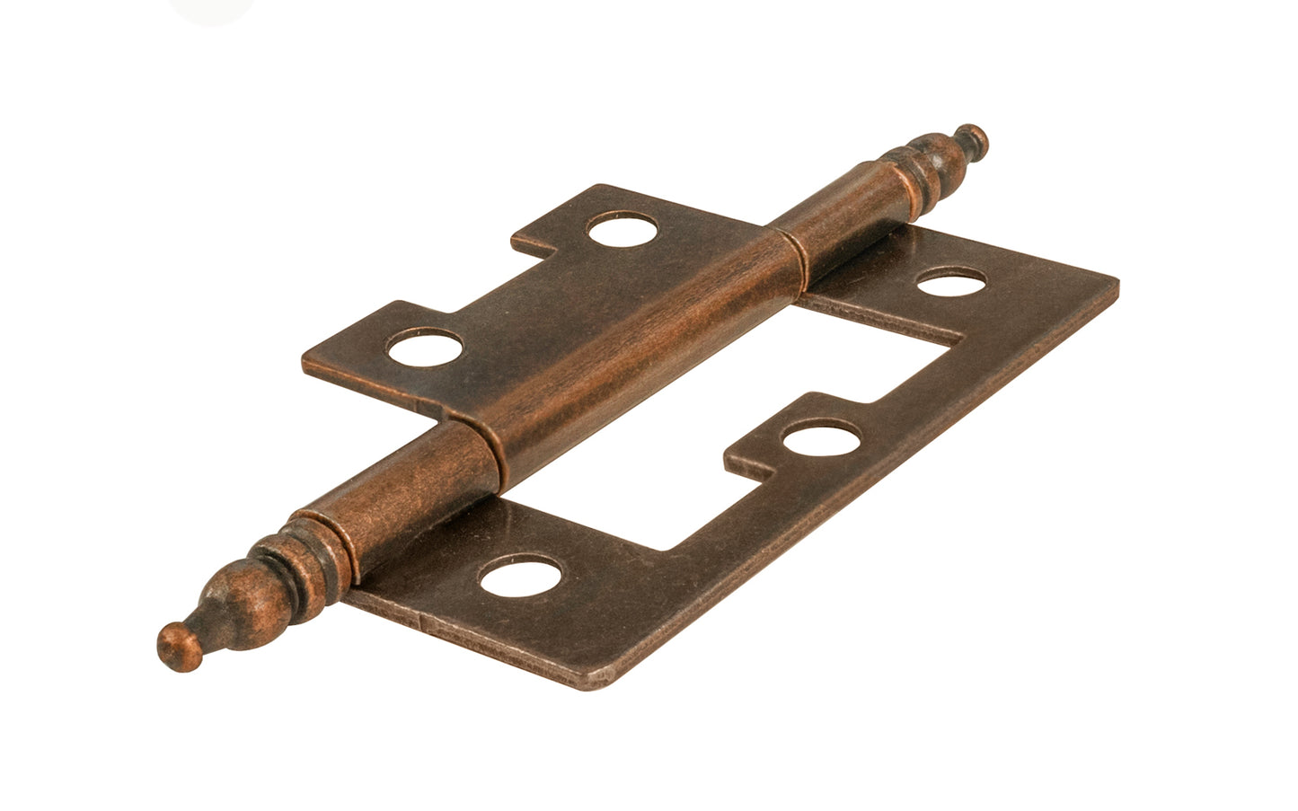 Traditional & classic 2-1/2" size non-mortise steeple-tip steel cabinet hinges. Surface mount & great for inset cabinet doors & bi-fold doors. These steeple tip finial hinges are designed in the early 20th century style / Arts and Crafts style of hardware. Antique copper finish on steel material. Two hinges in pack.