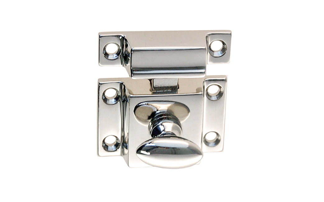 Vintage-style Hardware · Traditional & Solid Brass Cupboard Cabinet Latch ~ Small Size. 1-3/4" high x 1-1/8" wide. Made of solid brass material ~ Durable & strong spring loaded mechanism ~ Excellent for kitchens, cabinets, furniture, cupboards, bathrooms. Polished Nickel Finish. Authentic reproduction hardware