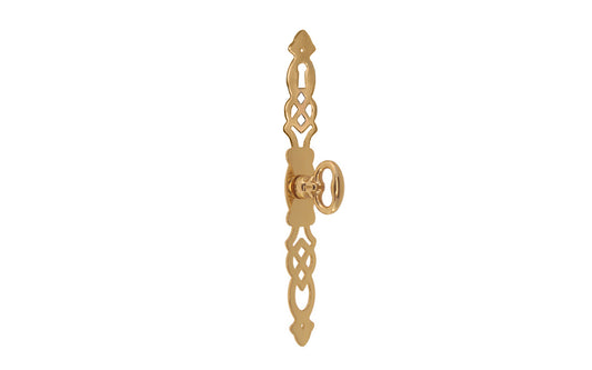 Solid Brass Keyhole Cabinet Door Pull with 6-3/4" Backplate designed in the Chippendale Style. Designed for China cabinets, large cabinets, wardrobes, drop fronts, entertainment centers, etc. Lacquered brass finish. Cast brass key bow is 1-1/8" high, projects 1-1/16"