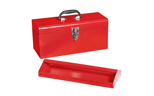 17" toolbox has rugged steel tray & comfort grip handle. Drawbolt with padlock eye lock. All steel construction. 17" length x 7.7" high x 6.7" depth. 5.7 Lb. weight. Includes rugged steel tray. Durable red powder paint with hammertone finish. Model 398608. 09326323909
