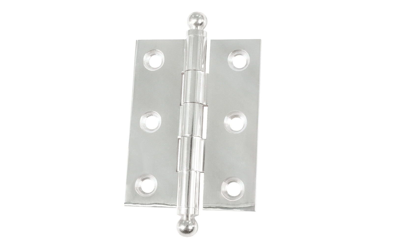 Classic Solid Brass Ball-Tip Cabinet Hinge ~ 2" x 1-1/2". Full mortise extruded hinges. 3/32" heavy duty leaf thickness gauge. Non-removable fixed hinge pin with ball tips. High quality thick cabinet hinge with ball tips. Polished Chrome finish.