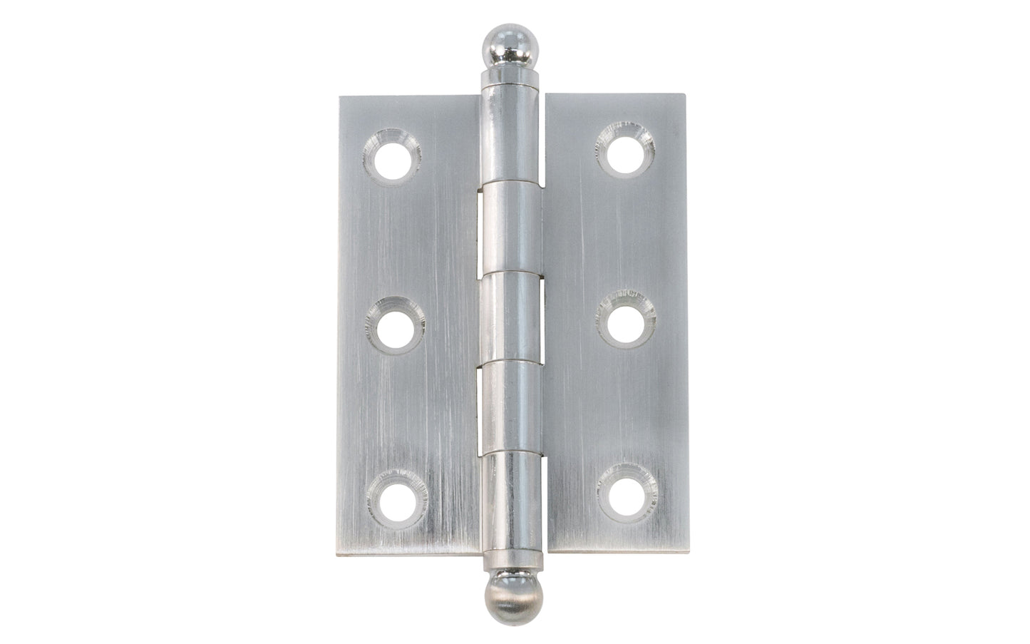 Classic Solid Brass Ball-Tip Cabinet Hinge ~ 2" x 1-1/2". Full mortise extruded hinges. 3/32" heavy duty leaf thickness gauge. Non-removable fixed hinge pin with ball tips. High quality thick cabinet hinge with ball tips. Brushed Chrome finish.
