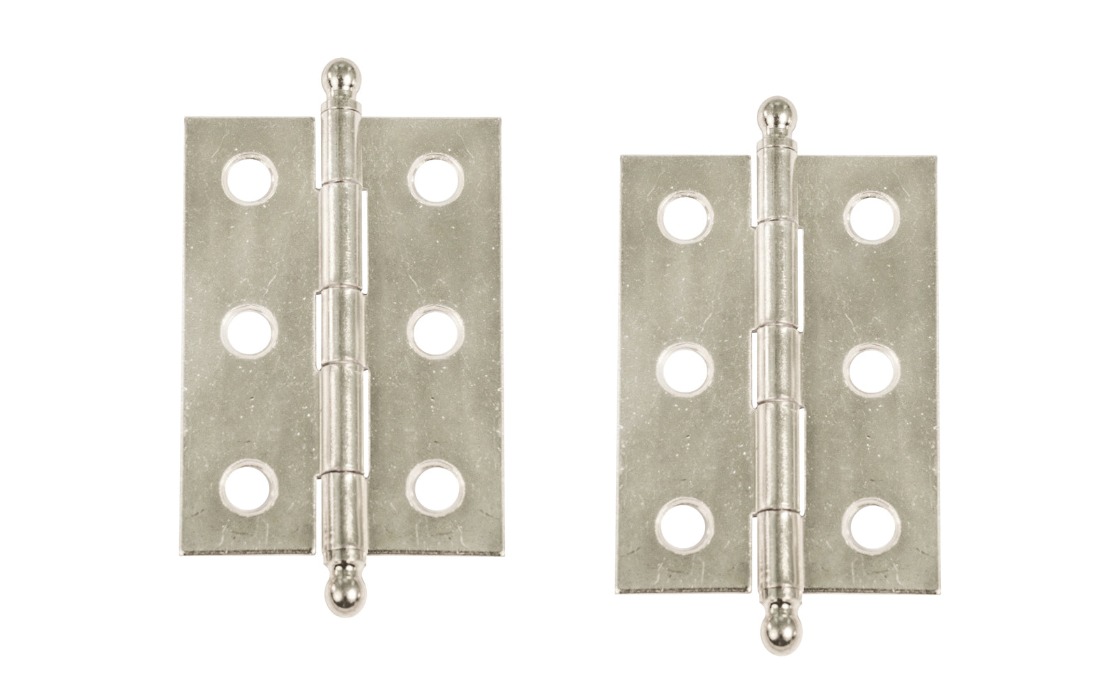 Traditional & classic ball-tip steel cabinet hinges with loose pins. Removable hinge pins which makes for easy installation when working with cabinets. 2" high x 1-3/8" wide. Sold as a pair of hinges. Polished Nickel Finish.