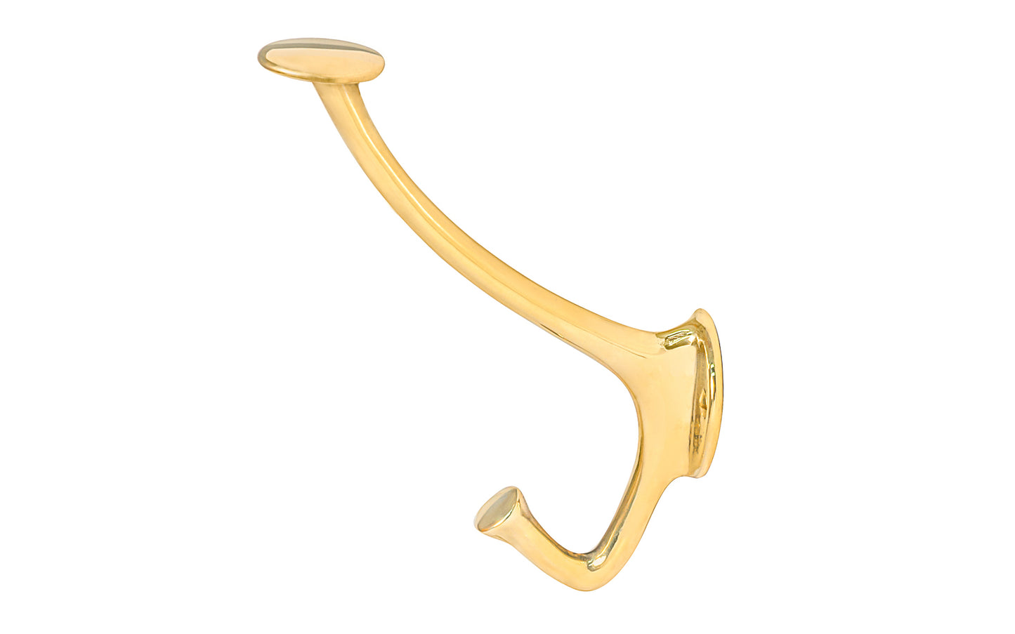 Vintage-style unlacquered solid brass hall tree hook. Excellent for use in hallways, hall trees, kitchens, & many other places. The double hook is made of solid brass material, making it great for coats & clothing. Designed in the Art Nouveau, Early 20th Century style hardware. 5-1/4" high hook. Non-lacquered brass.