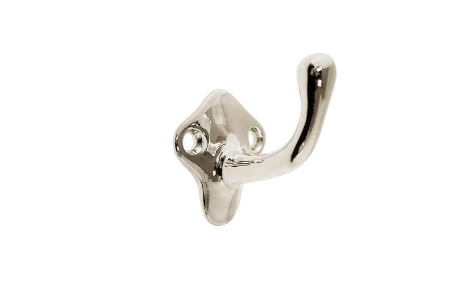 Charming vintage-style polished bright nickel small brass hook. Great for kitchens, bathrooms, hallways, furniture, cabinets, bedrooms. Made of solid brass material, the hook is durable for clothing, towels, bags. Polished Nickel Finish. Timeless classic style - Early 20th century to Modern style interiors.