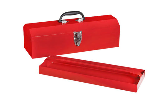 19" Red Steel Hip Roof Tool Box with Tray. This toolbox has a rugged steel tray & comfort grip handle. Drawbolt with padlock eye lock. All steel construction. 19" length x 6" high x 6.3" depth. 6.1 Lb. weight. Includes rugged steel tray. Durable red powder paint with hammertone finish. Model 339084. 09326323893