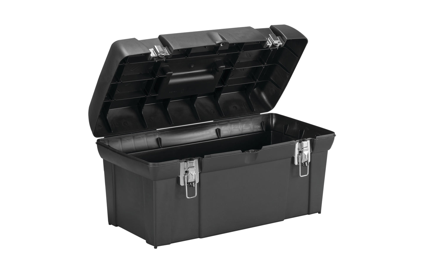 Stanley 19" Toolbox Model No. STST19005 features metal latches, builtin organizers & removable tray. Slot for exterior padlock helps ensure contents are secure. Overall size: 19-3/8" Long x 9-5/8" High x 9-7/8" Deep. Made of plastic material. 076174928983. Made in USA. Removable tool tray with handle