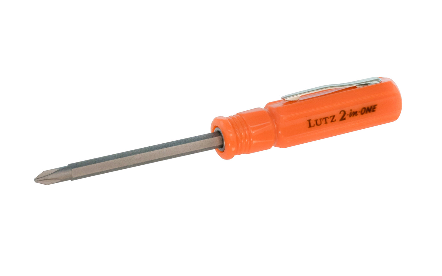 Lutz 2-in-1 Mini Screwdriver. Includes one double bit: #1 phillips & 3/16" slotted bit. Mini pen-size 2-in-one screwdriver. Tough hard plastic body. Pocket clip attached. 052427222213
