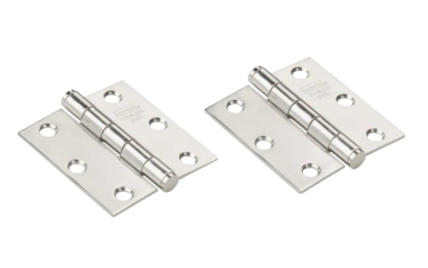 2-1/2" Stainless Door Hinges. Stainless steel material, 300 series, for maximum corrosion resistance & heavy-gauge material for added strength. Nob on hinge with square corners. Non-rising pin. 5 knuckle, full mortise design. Screw holes are countersunk. Removable pin. National Hardware Model N276-976. 038613276970.