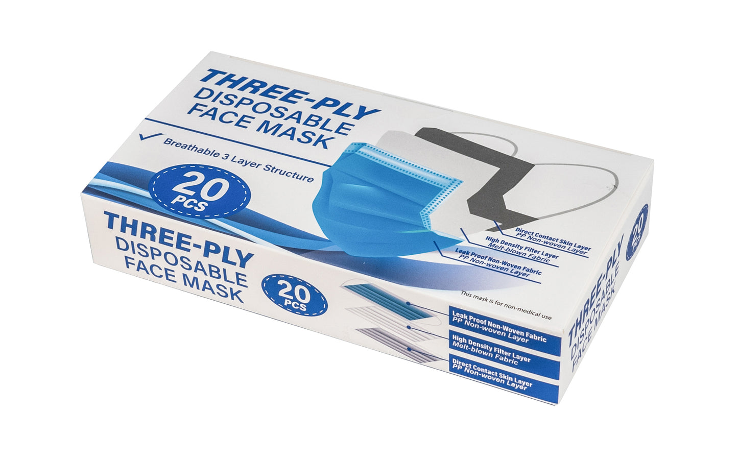 PPE Equipment - These 3-ply disposable face masks have a breathable 3-layer structure. A leak proof non-woven fabric layer (PP non-woven layer), a high density filter layer (Melt-blown fabric), & a direct skin layer (PP non-woven layer). Sold as 20 masks in a box - With Straps - PPE Mask - Three Layers - Three Ply Face Covering Mask - 674986031725