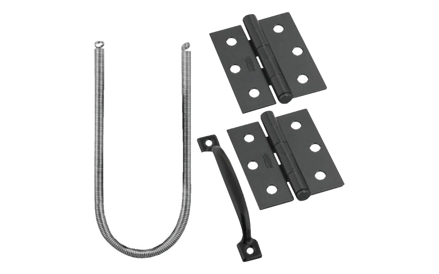 This hardware set is designed for wood screen & storm doors. Contains a pair of black finish 3" x 2-1/2" size hinges, a black finish screen door handle pull with 4-1/4" on centers, 16-3/8" long spring with hooks, & hook & eye. The pins are removable for easy door installation. National Hardware Model N107-409.