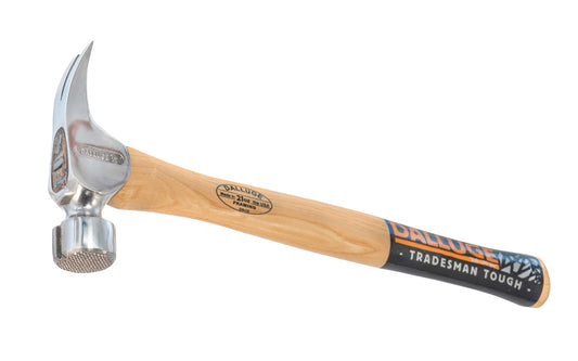 This 21 oz Dalluge Framing Hammer has a mill serrated face & "NaiLoc" magnetic nail holder as well. Mill waffle face. Straight Hickory hardwood handle. Model 2110. 17" overall length. 698250021106