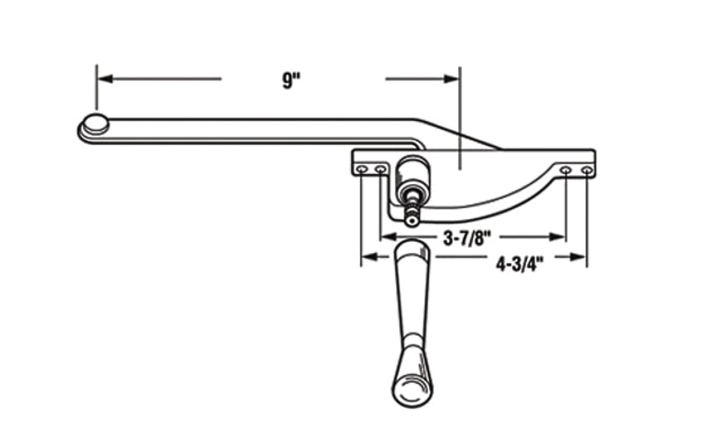 Right-Hand Teardrop Type Casement Operator. Made of Aluminum material. For metal casement window. 9" steel constructed arm. 5/16" spindle, mounts on 3-7/8" or 4-3/4" hole spacings. Contains 1 operator with matching crank handle & mounting screws. Made by Prime Line. 049793035080. Model H 3508.