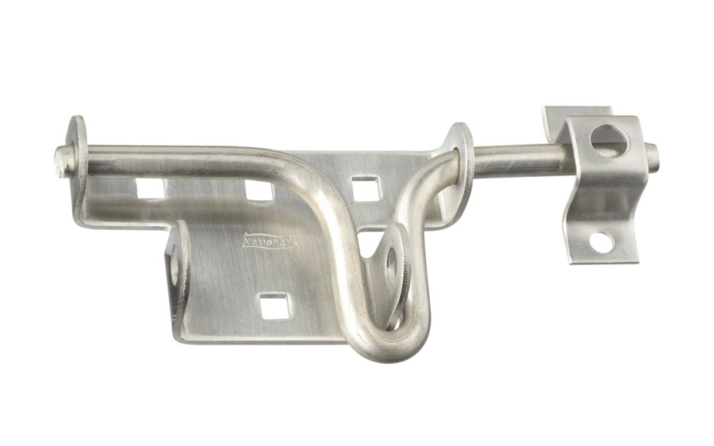 Stainless Steel Sliding Bolt Latch. Designed for doors & gates swinging in or out. Easy operating, handle serves as a pull. Slide bolt latches right or left. May be padlocked. Rust-resistant; vinyl safe, ACQ safe. For use with premium woods like cedar & redwood. National Hardware Catalog Model N342-659. 038613342651