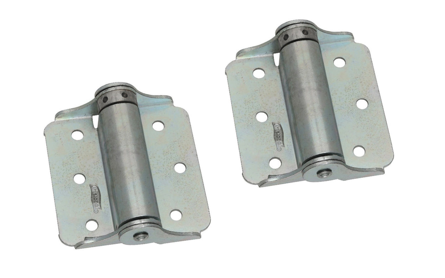 Pair of 3" zinc plated steel adjustable spring-loaded hinges designed for screen doors & other lightweight utility doors. Full-surface application, no mortising is required. Strong fully enclosed spring. For use on either right hand or left hand doors. Stud pin adjusts to provide desired closing speed.