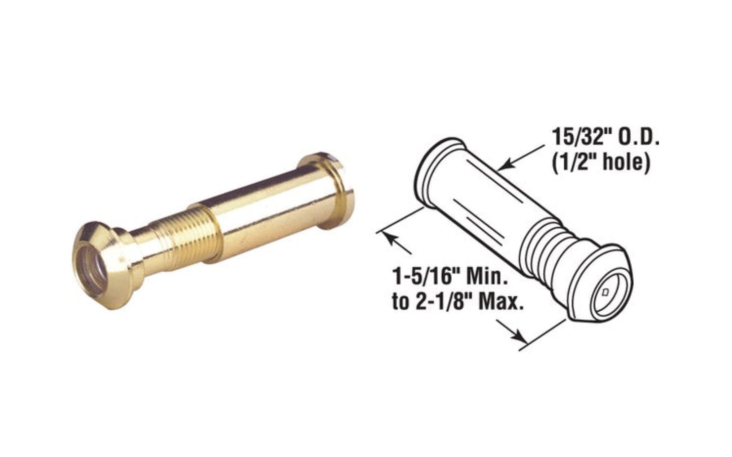 This Solid Brass 160° Angle Door Viewer allows a user to identify visitors from the security of a locked door. Viewer adjusts to fit doors from 1-3/8" to 2" thick. Offers 160 degree lens angle for wide viewing. Requires 1/2" hole. Defender Security Model No. U 9983.