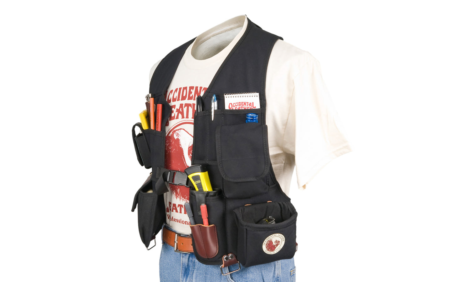 Occidental Leather "Builders' Vest" tool carrying system is loaded with tool holders & pockets. Comes with one No. 2003 "Pocket Shield" (for sharp knife or chisel). Can be worn as an independent vest tool carry system. Ideal organization No. 2535. Made of industrial nylon material & genuine leather. 759244223309