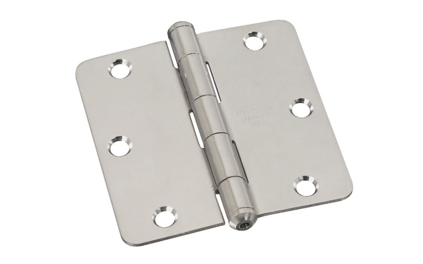 3-1/2" Stainless Door Hinge - 1/4" Radius. Made of stainless steel material, 300 series for maximum corrosion resistance. Nob on hinge for finished appearance with square corners. Non-rising pin. Screw holes are countersunk. Sold as single hinge in pack. National Hardware Model No. N225-946. 038613225947
