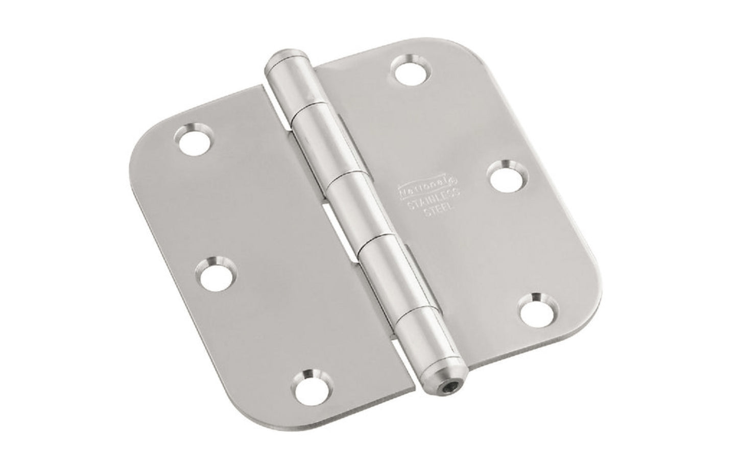 3-1/2" Stainless Door Hinge - 5/8" Radius. Made of stainless steel material, 300 series for maximum corrosion resistance. Nob on hinge for finished appearance with square corners. Non-rising pin. Screw holes are countersunk. Sold as single hinge in pack. National Hardware Model No. N225-961. 038613225961