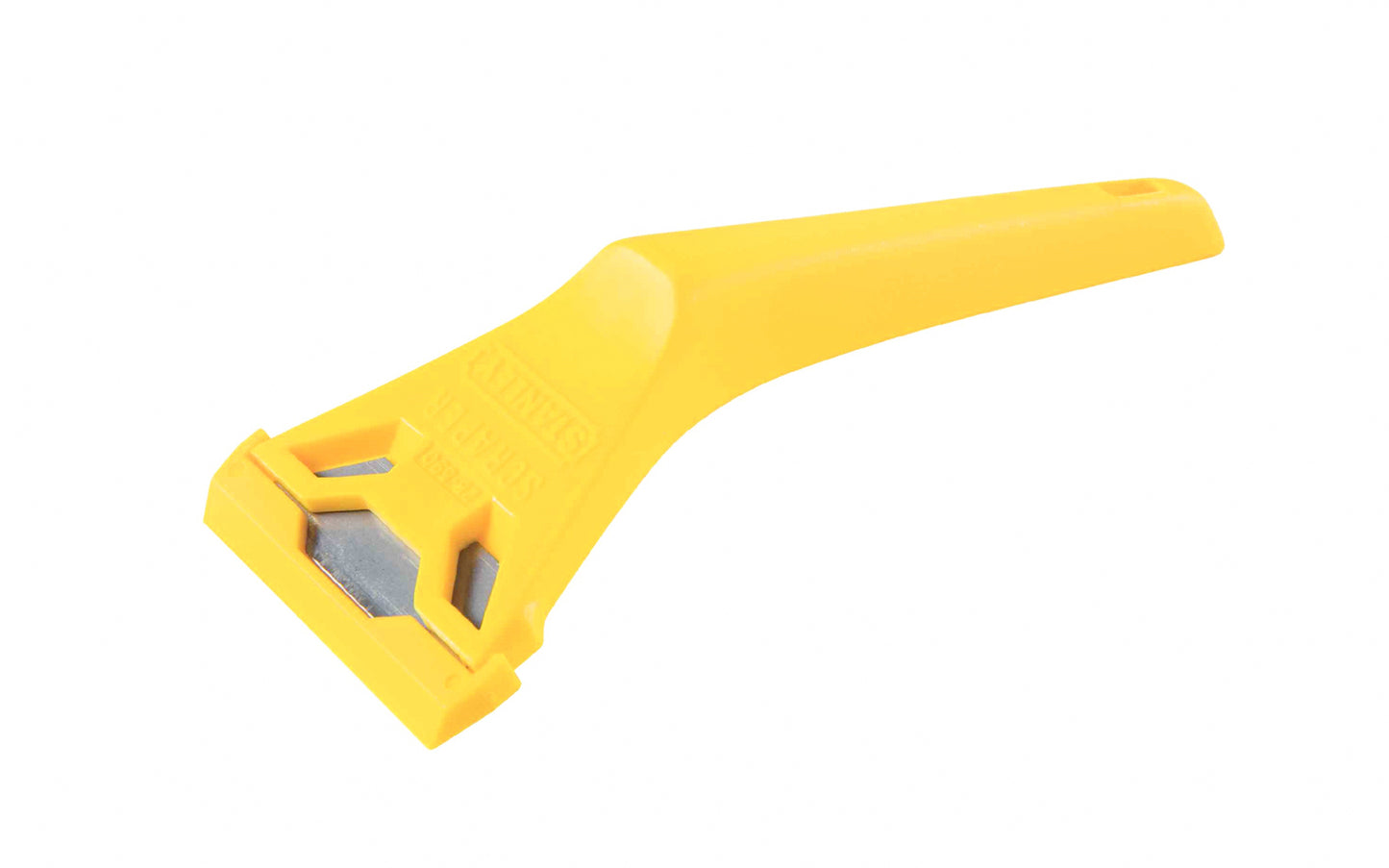 Model No. 28-593. The Stanley Window Utility Scraper is ideal for scraping paint from windows, mirrors, tiles & other flat surfaces. Comes with one 11-921 utility knife blade. 2-3/8" blade width. Yellow plastic handle. 076174285932. Made in England.