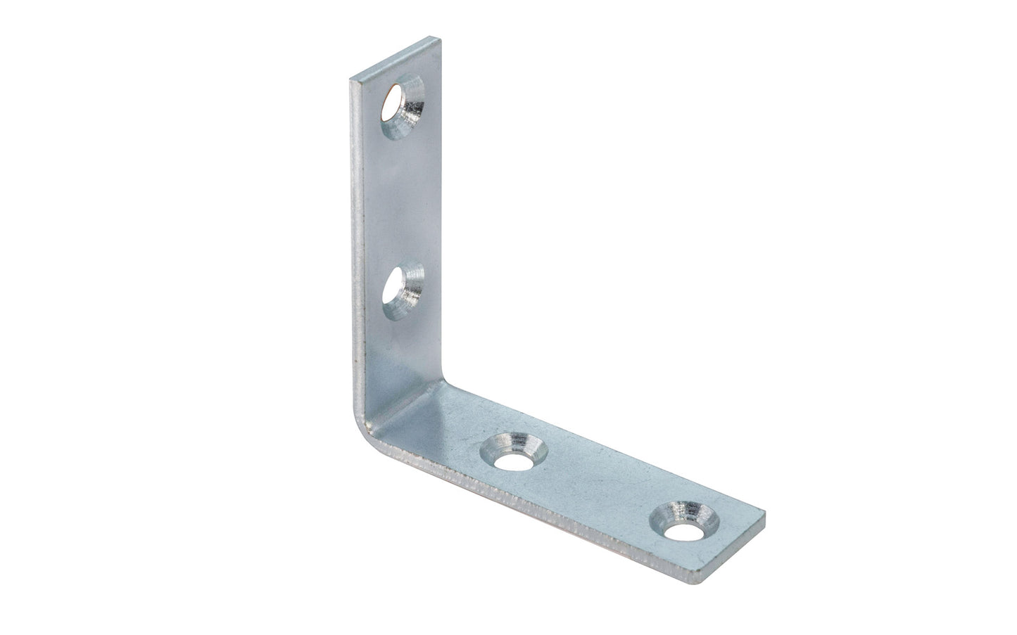 These 2" Zinc-Plated Corner Braces are designed for furniture, cabinets, shelving support, etc. Allows for quick & easy repair of items in the workshop, home, & other applications. Steel material with a zinc plated finish. Countersunk holes. Sold as singles, or bulk box of (48) corner irons. 2" size.