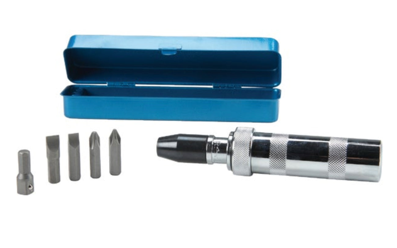 A basic & economical reversible impact driver - 1/2" drive. Blow from a hammer loosens or tightens rusted or frozen screws, nuts, or bolts. Includes 2 slotted bits (5/16" & 3/8" sizes), 2 phillips bits (#2 & #3 sizes), bit adapter, & metal case.