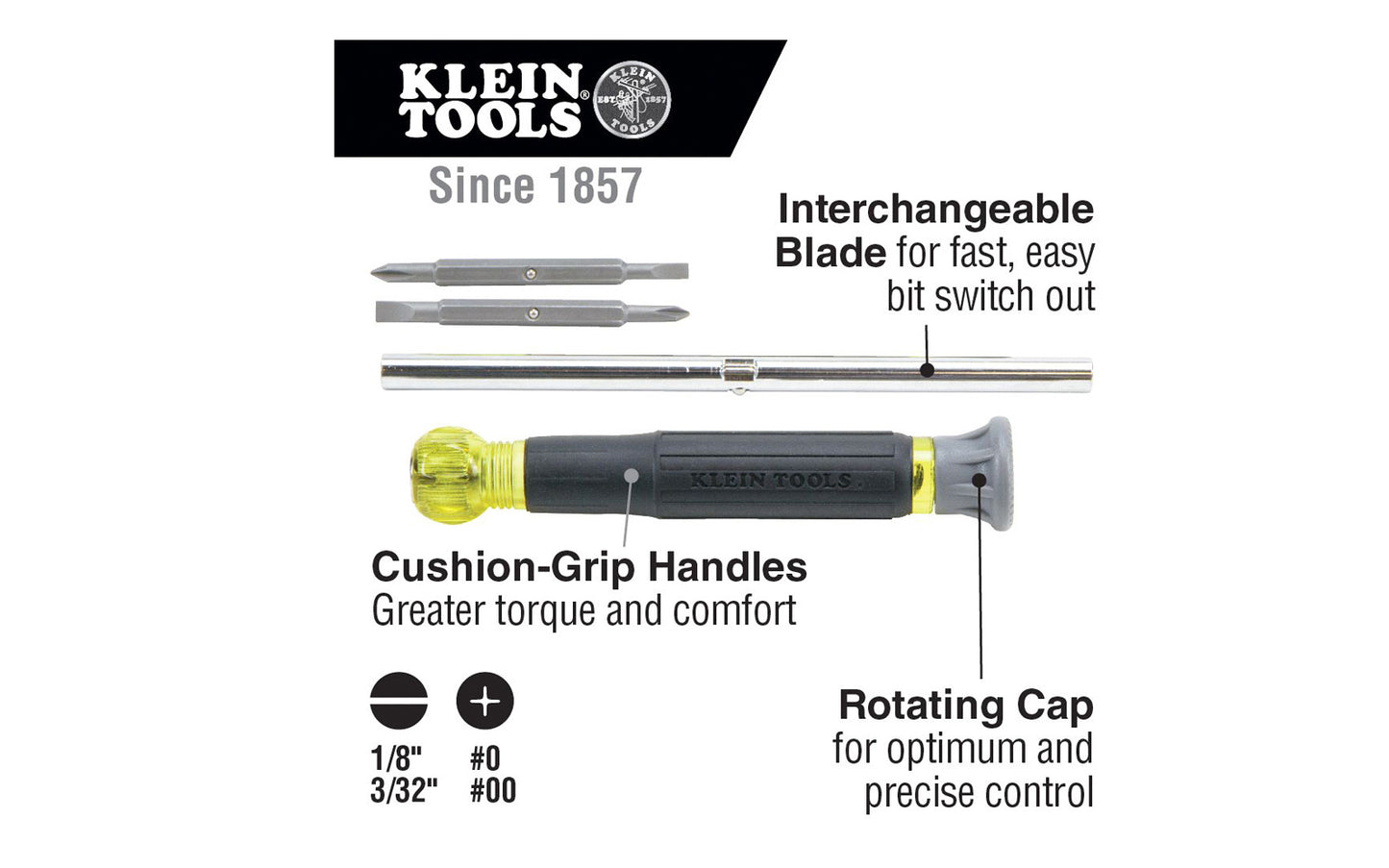 Klein Tools Electronics Screwdriver Model 32581 with four different non-magnetic tips in one tool, includes #0 & #00 Phillips plus 1/8" (3.2 mm) & 3/32" (2.4 mm) slotted tips. Heat treated precision ground tips. Rotating cap for optimum & precise control. Interchangeable shaft for quick bit switch out. 092644325816