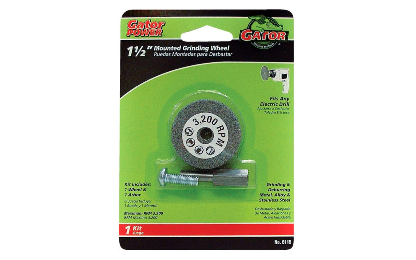 1-1/2" Mounted Grinding Wheel Kit. Aluminum oxide mounted grinding wheel with 1/4" arbor. Can be used on electric drills & die grinders with 1/4" chuck. Simply attach to your drill or die grinder & you can quickly & easily grind, shape or deburr various metal surfaces. Made by Gator Finishing Products.