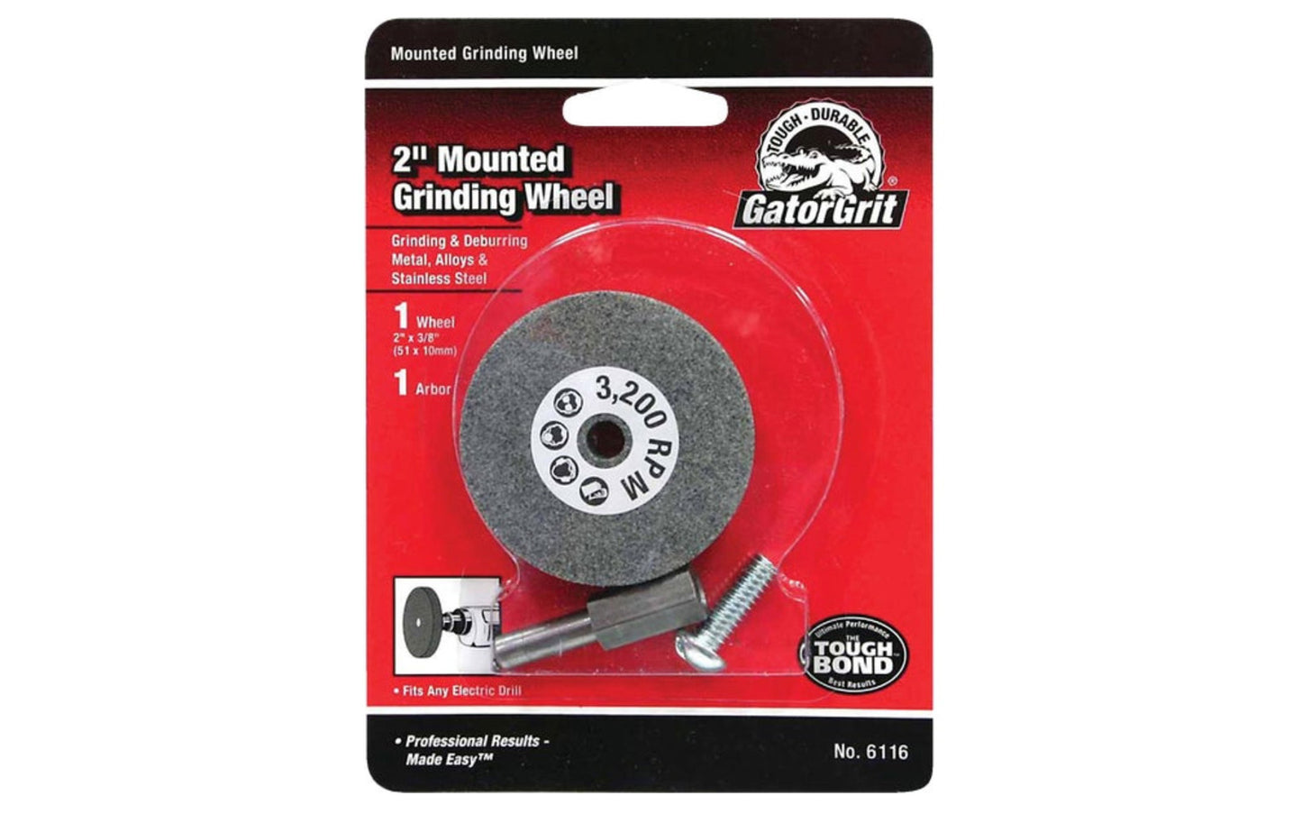 Aluminum oxide mounted grinding wheel with 1/4" arbor. Can be used on electric drills & die grinders with 1/4" chuck. Simply attach to your drill or die grinder & you can quickly & easily grind, shape or deburr various metal surfaces. Made by Gator Finishing Products.