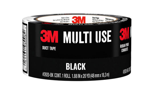 3M Multi-Use Black Duct Tape - 20 YD. Black color duct tape. 20 yards x 1.88 inches. 60 yards. Multi-purpose tape with strong adhesive to create a secure bond. Great for bundling, taping cords, patching, reinforcing & more. Water-resistant backing. Tears vertically & horizontally. Model 3920-BL. Model 3960-BK