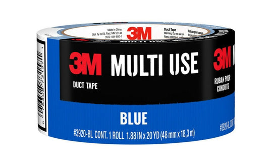 3M Multi-Use Blue Duct Tape - 20 YD. Blue color duct tape. 20 yards x 1.88 inches. 20 yards. Multi-purpose tape with strong adhesive to create a secure bond. Great for bundling, taping cords, patching, reinforcing & more. Water-resistant backing. Tears vertically & horizontally. Model 3920-BL. 076308731571
