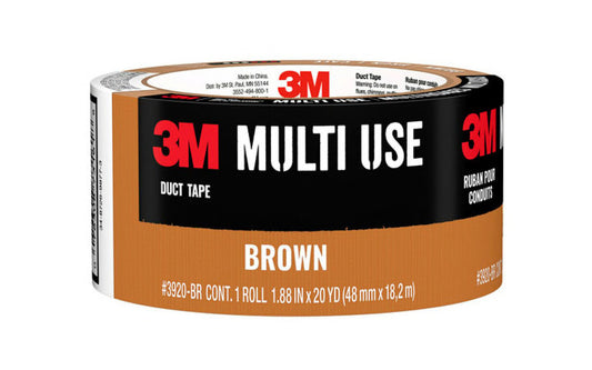 3M Multi-Use Brown Duct Tape - 20 YD. Brown color duct tape. 20 yards x 1.88 inches. 20 yards. Multi-purpose tape with strong adhesive to create a secure bond. Great for bundling, taping cords, patching, reinforcing & more. Water-resistant backing. Tears vertically & horizontally. Model 3920-BR. 076308731618