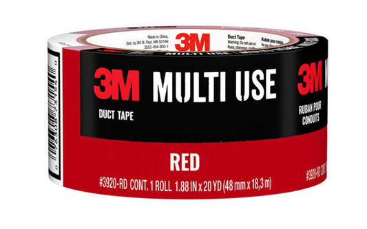 3M Multi-Use Red Duct Tape - 20 YD. Red color duct tape. 20 yards x 1.88 inches. 60 yards. Multi-purpose tape with strong adhesive to create a secure bond. Great for bundling, taping cords, patching, reinforcing & more. Water-resistant backing. Tears vertically & horizontally. Model 3920-RD. Model 3960-RD
