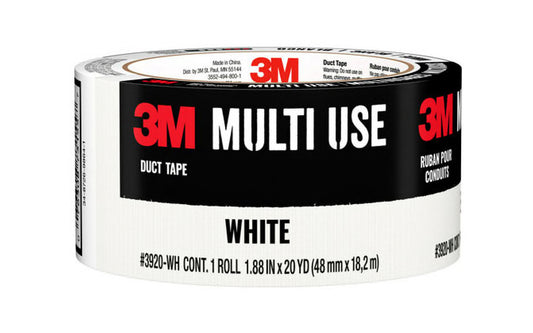 3M Multi-Use White Duct Tape - 20 YD. White color duct tape. 20 yards x 1.88 inches. 60 yards. Multi-purpose tape with strong adhesive to create a secure bond. Great for bundling, taping cords, patching, reinforcing & more. Water-resistant backing. Tears vertically & horizontally. Model 3920-WH. Model 3960-WH