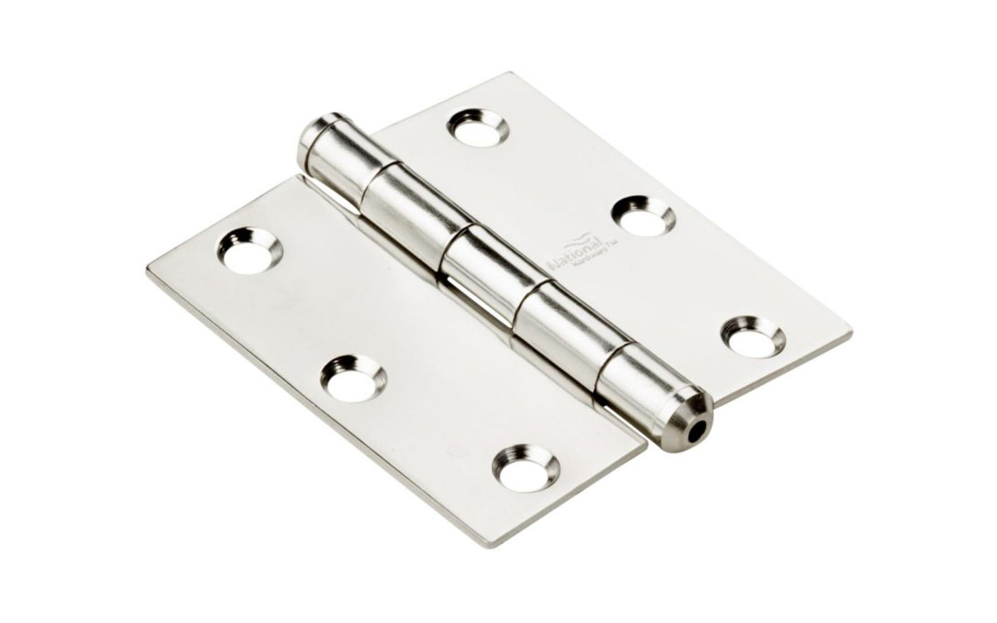 3" Stainless Door Hinge. Stainless steel material, 300 series, for maximum corrosion resistance & heavy-gauge material for added strength. Nob on hinge with square corners. Non-rising pin. 5 knuckle, full mortise design. Screw holes are countersunk. Removable pin. National Hardware Model N225-920. 038613276987.