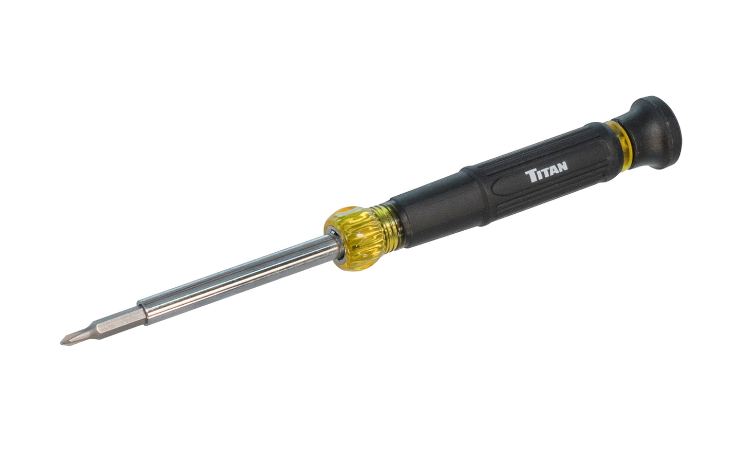 4-in-1 precision screwdriver bit made by Titan Tools. Includes two double sided bits: #00 Phillips & 3/32" Slotted Bit, #0 Phillips & 1/8" Slotted Bit. 6-3/8" overall length. Rotating cap for optimum precise & efficient control. 6-3/8" overall length. Model No. 16095. 802090160950