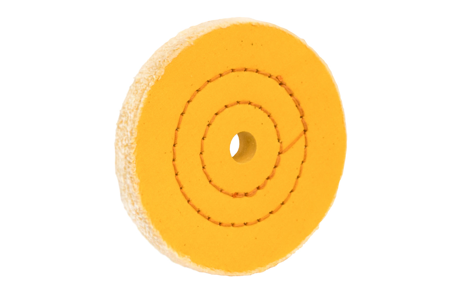 Yellow mill treated buffs perform more aggressively than regular cotton cloth. Use on all metals with the appropriate compound where a faster cut is needed. Made of fine cotton sheeting held together with two circles of lockstitch sewing. Made in USA. 1/2" wide thickness. 4" Diameter Wheel. 1/2" arbor hole ~ Dico Polishing Company