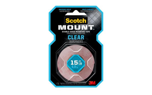3M Scotch Double-Sided Mounting Tape 1" x 60" Model 410H. Invisible Hold - Virtually clear design lets your décor take center stage. Holds up to 15 lb. Intended for indoor use - Delivers a strong, permanent bond on contact. Designed For: Glass, Tile, Acrylic & Metal. 051141369884