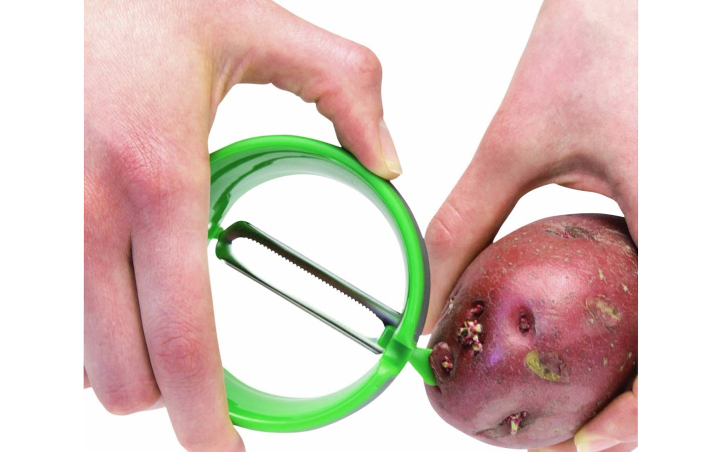 Multi-positional grip peeler - Model 47531 - Straight blade peeler - Round Kitchen Peeler - Blade made from hardened stainless steel - Dishwasher safe - Round Shape Potato Peeler - Grip Strip - Grip'n Strip - Peeling tool ~ Swiveling twin blades - Right Hand Peeler - Left Hand Peeler - Carrot Peeler - Vegetable Peeler