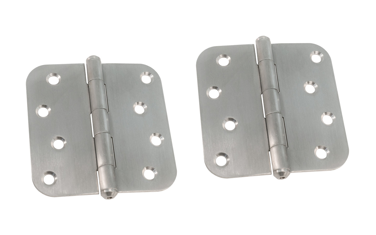 A Pair of 4" Stainless Finish Door Hinges with 5/8" corner radius. Satin stainless finish color on steel material. Sold as a pair of hinges. Fixed pin. Ultra Hardware No. 35051.