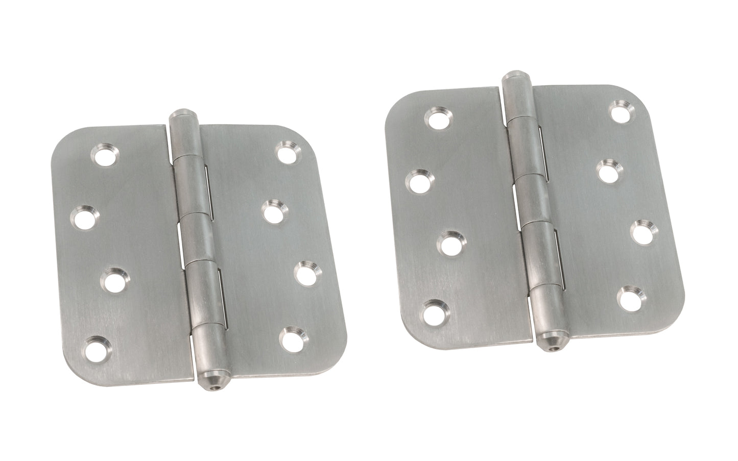 A Pair of 4" Stainless Finish Door Hinges with 5/8" corner radius. Satin stainless finish color on steel material. Sold as a pair of hinges. Fixed pin.  Ultra Hardware No. 35051.