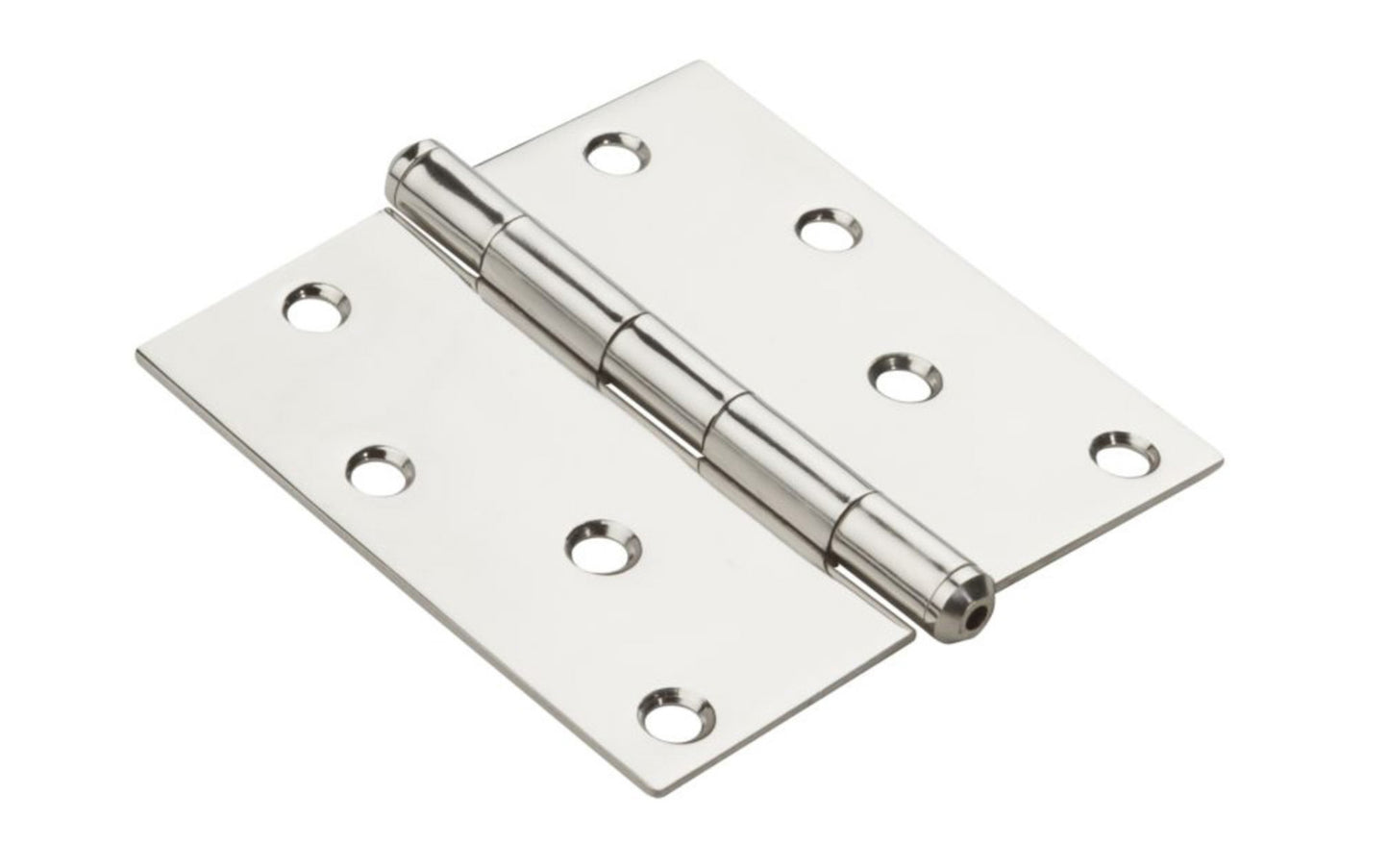 4" Stainless Door Hinge. Stainless steel material, 300 series, for maximum corrosion resistance & heavy-gauge material for added strength. Nob on hinge with square corners. Non-rising pin. 5 knuckle, full mortise design. Screw holes are countersunk. Removable pin. National Hardware Model N225-938. 038613225930.