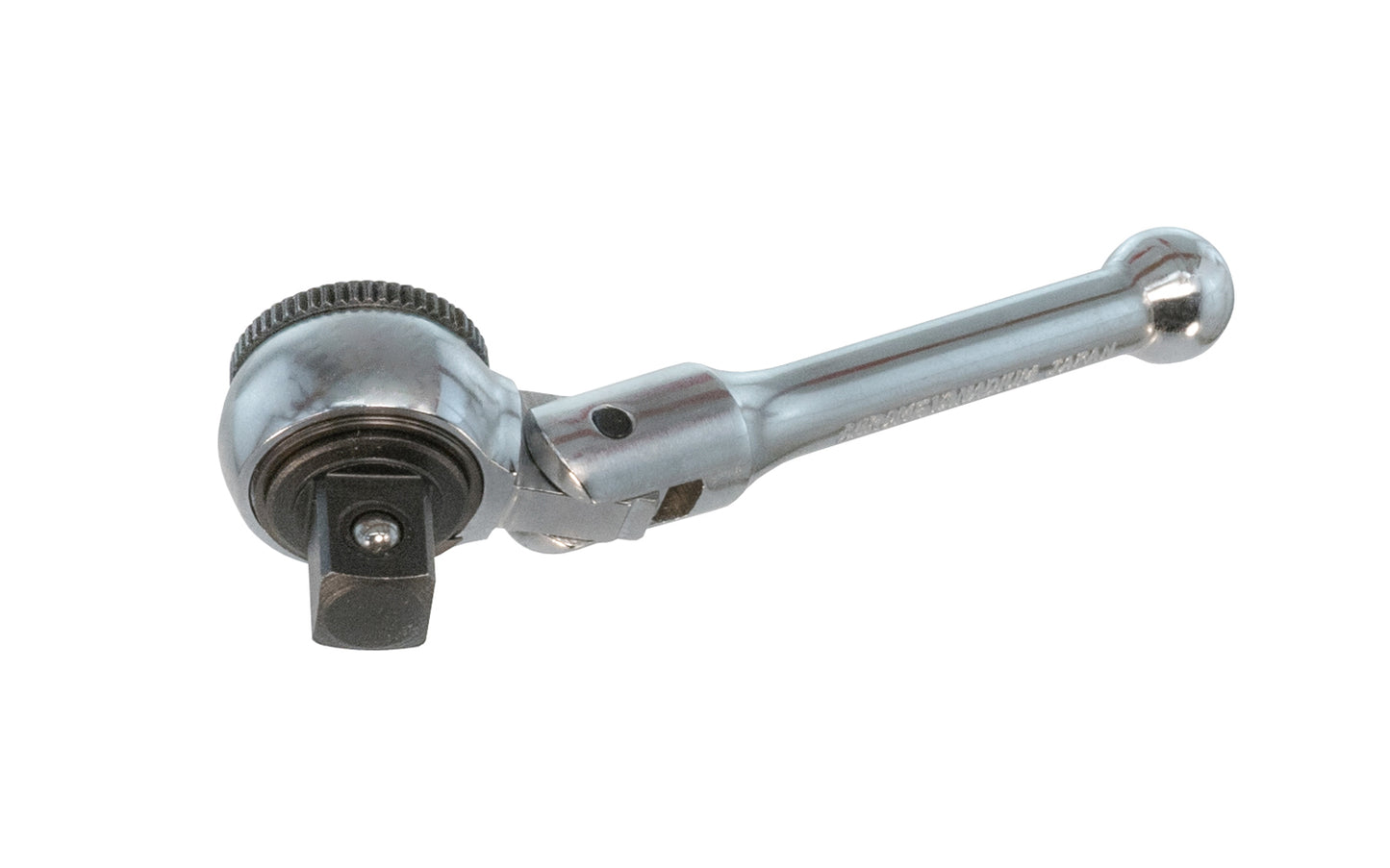 This 4" Stubby Ratchet 3/8" Dr with Flex Head is made of Chrome Vanadium Steel. Easy change reversible ratchet direction. 4" overall length. 3/8" drive. Flexible head. Made in Japan. Japanese Flexible head ratchet. Mini Ratchet.