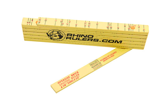 Rhino Rulers 6' Oversized Brick Spacing Fiberlass Folding Ruler measures 1/2" x 6' Brick Spacing scale on one side, & Ft/In/16ths on the other. Made of tough polyamide reinforced with fiberglass for durability. Easy to read black-on-yellow markings & red 16" stud marks. Model 55115. 727659551157.  Made in Switzerland