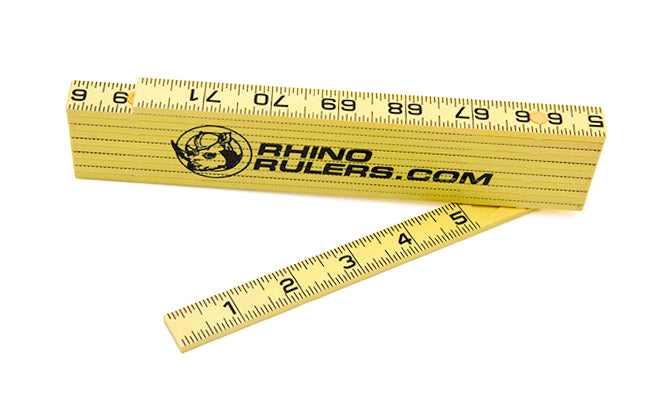 Rhino Rulers 6' Carpenter's Inside Reading Fiberglass Folding Ruler. Carpenter's Scale with (Ft/In/16ths) on both sides. Made of tough polyamide reinforced with fiberglass for durability. Easy to read black-on-yellow markings & red 16" stud marks. Model 55145. 727659551454. Made in Switzerland